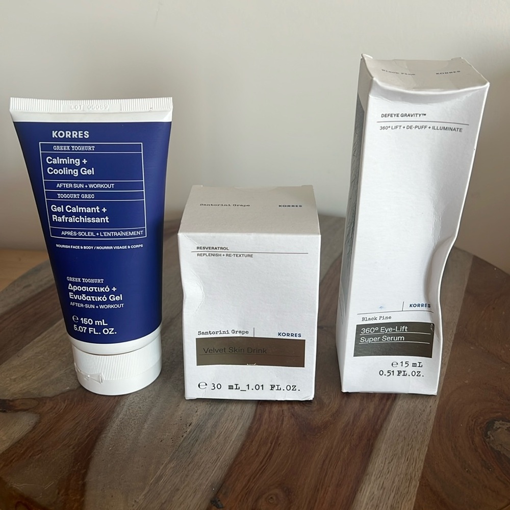 Korres Velvet Skin Drink, 360 Eye-Lift Super Serum & Calming + Cooling Gel